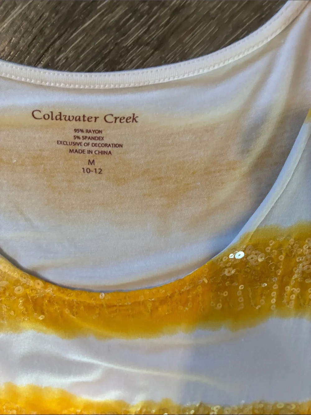 Coldwater Creek White and Yellow Striped Sequin Short Sleeve Tee